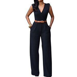 Pink Queen Womens Black Sleeveless Deep V Neck Long Jumpsuits Rompers Black